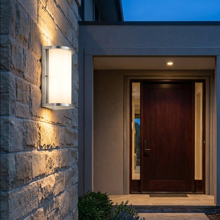 Brushed-nickel half-cylinder wall sconce outdoor application