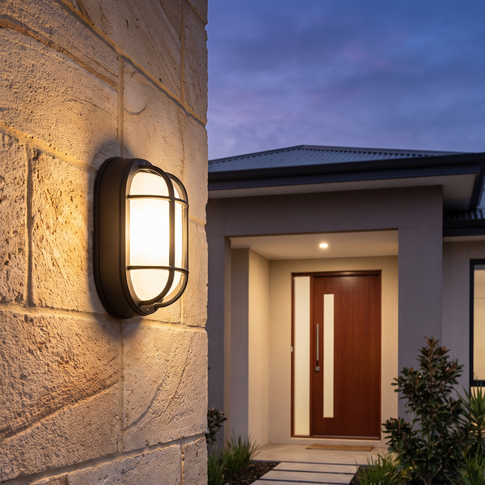 Black oval bulkhead wall light outdoor application
