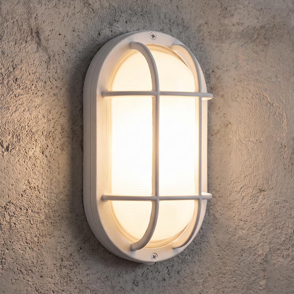 White oval bulkhead wall light installed illuminated