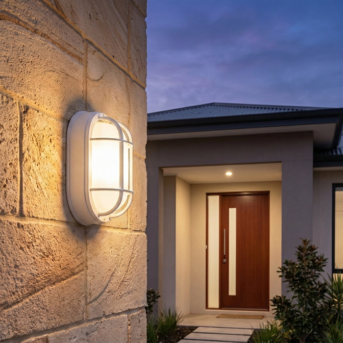 White oval bulkhead wall light outdoor application