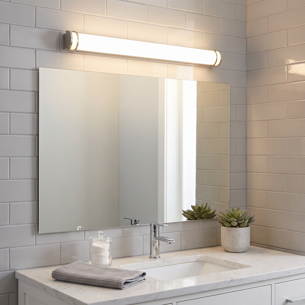 Brushed-nickel long tube vanity light above mirror