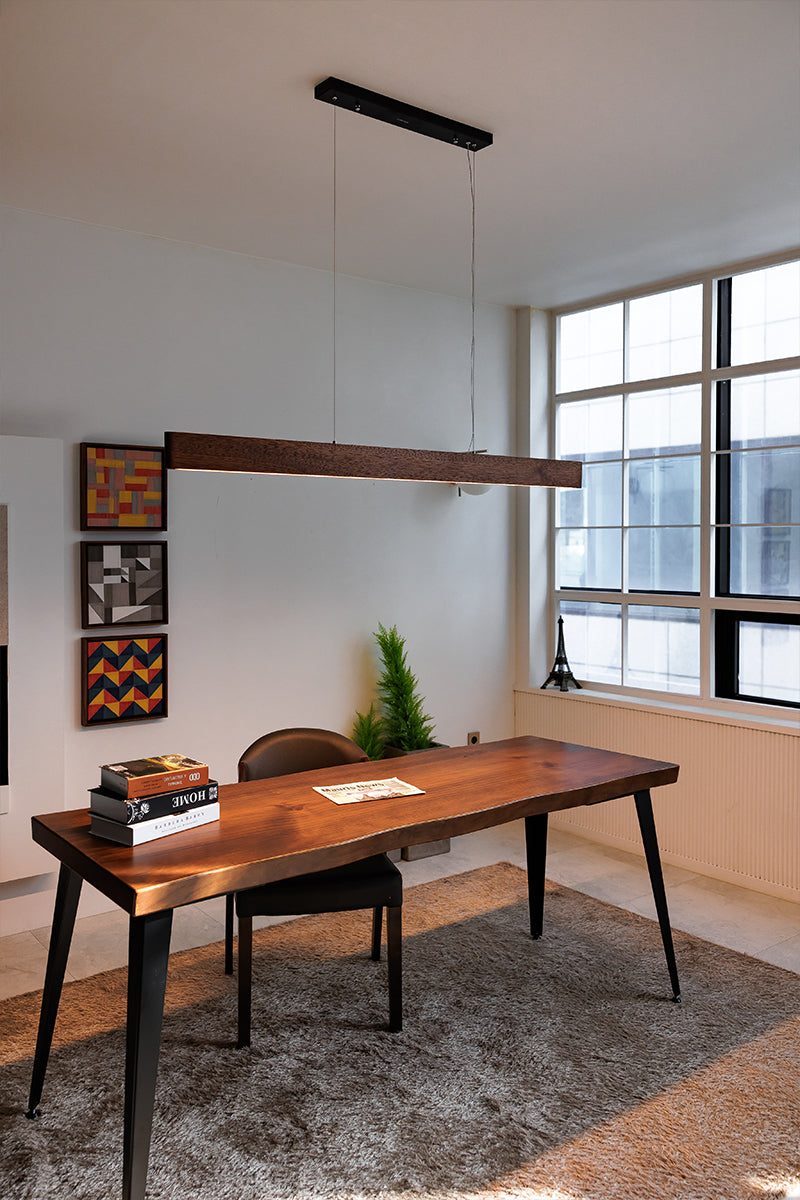Walnut long linear pendant desk application