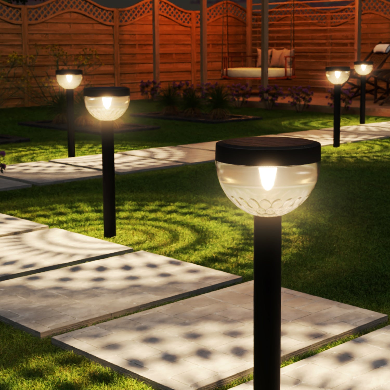 Solar Garden LED Path Lights, Round, Bloom, Dusk to Dawn Photocell
