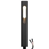 Black rectangular LED path light with a glowing vertical bulb on its front and black and red wires on its bottom