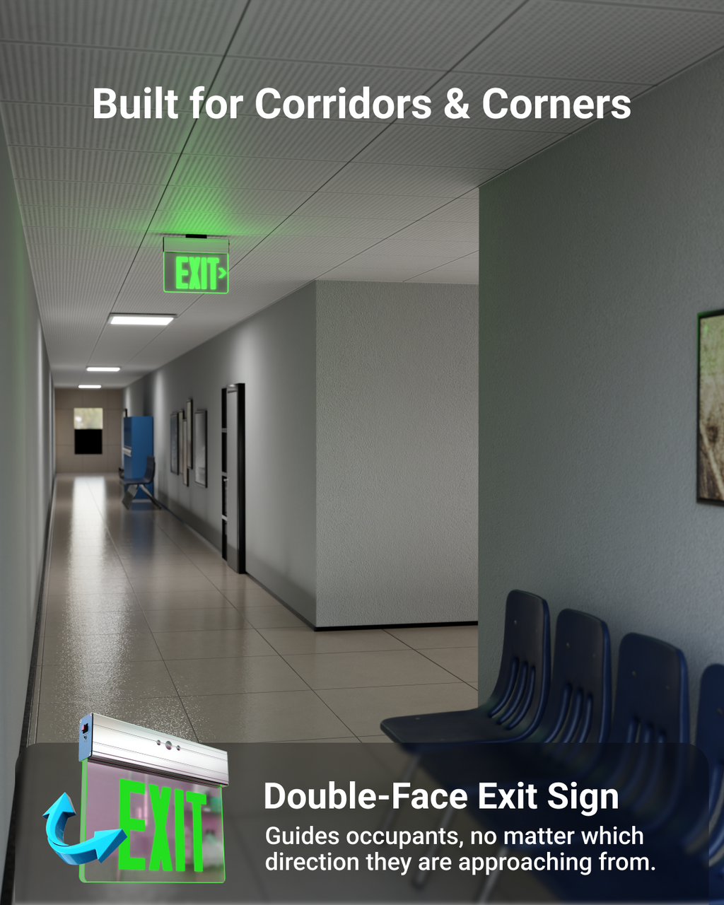 The exit sign enhances safety and guides occupants to exits during emergencies.