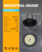 Industrial grade UFO high bay light with features and dimensions: 21,000 lumens, 150 watts, IP54 rating, 0 to 10V dimming, and 10.8 inch width.