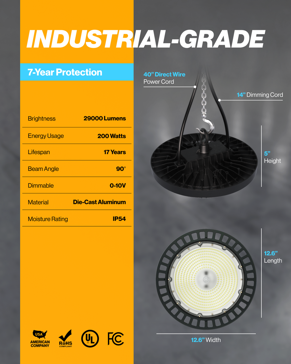 Industrial grade UFO high bay light with 29,000 lumens, 200 watts, 90 degree beam angle, IP54 rating, and 12.6 inch width.