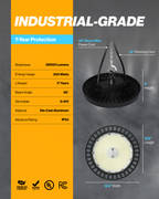 Industrial grade UFO high bay light with 29,000 lumens, 200 watts, 90 degree beam angle, IP54 rating, and 12.6 inch width.