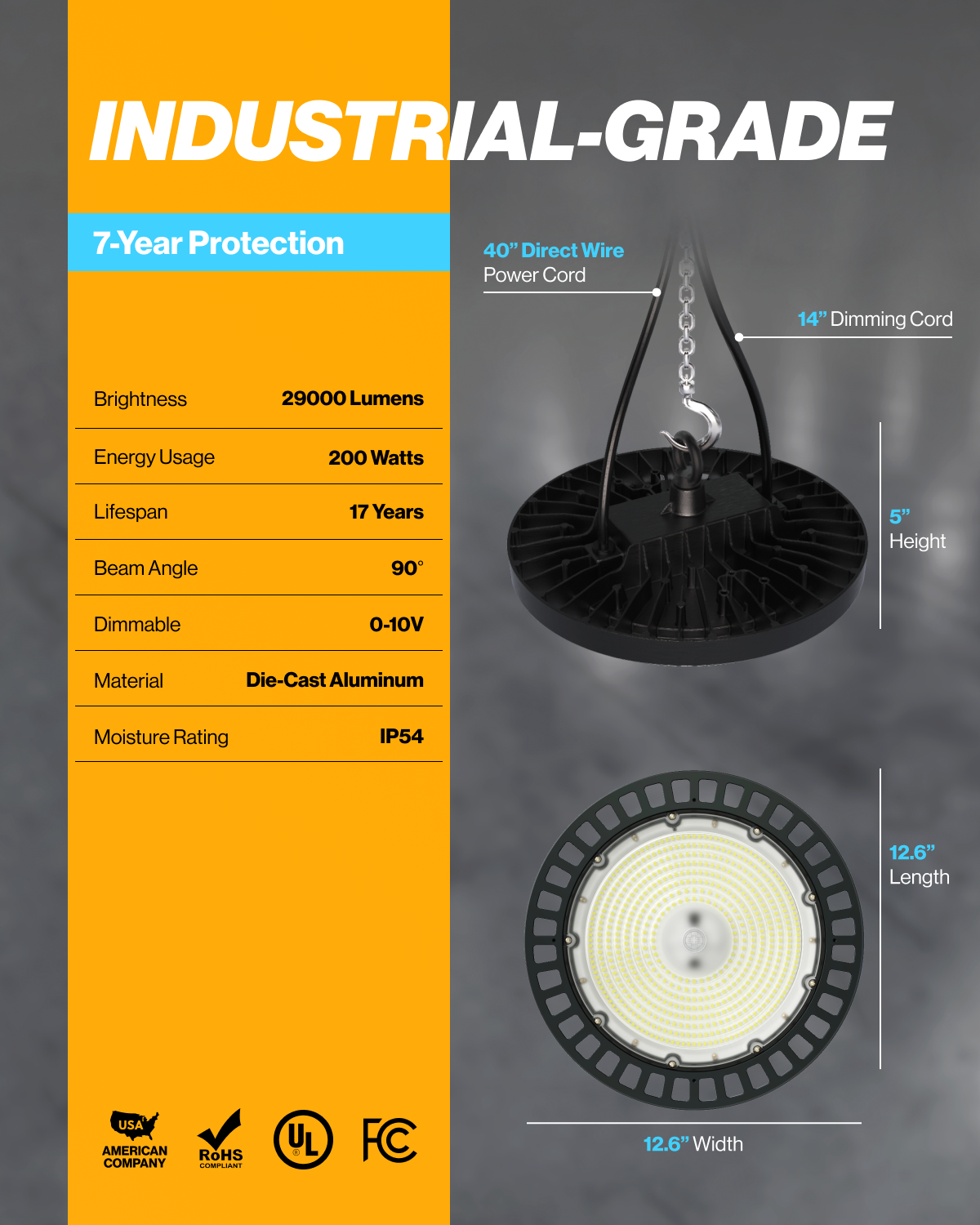 Industrial grade UFO high bay light with 29,000 lumens, 200 watts, 90 degree beam angle, IP54 rating, and 12.6 inch width.