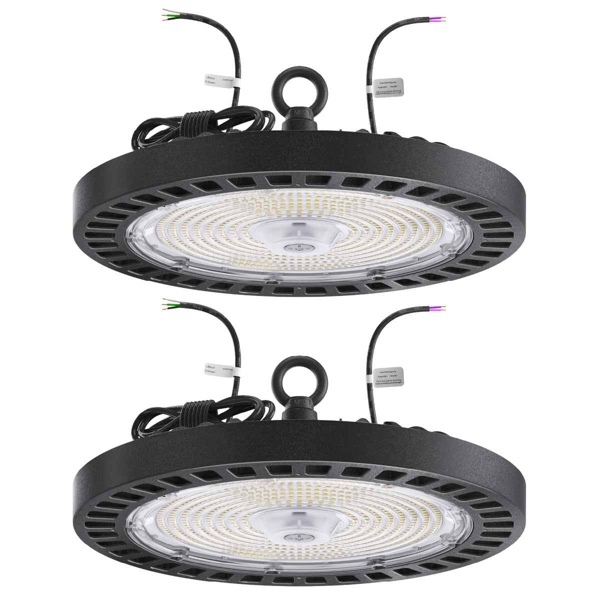 Two black UFO high bay lights with clear lenses, lifting rings, direct wire cords, and dimming wires.