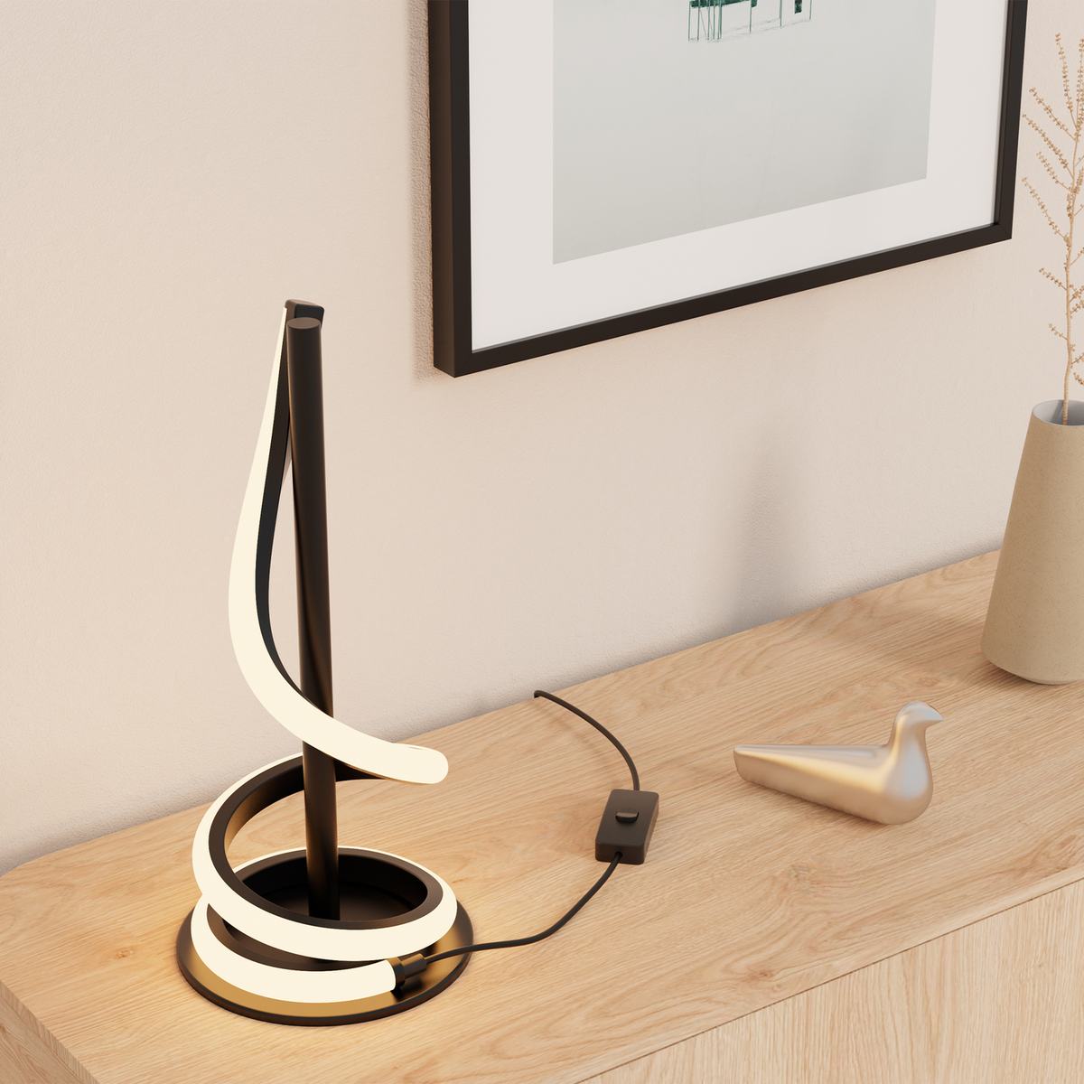 Sculptural Curve LED Table Lamp — in a room setting