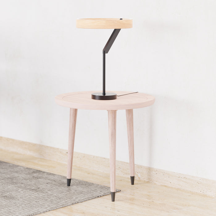 Modern Black and Wood-Look LED Table Lamp — in a room setting