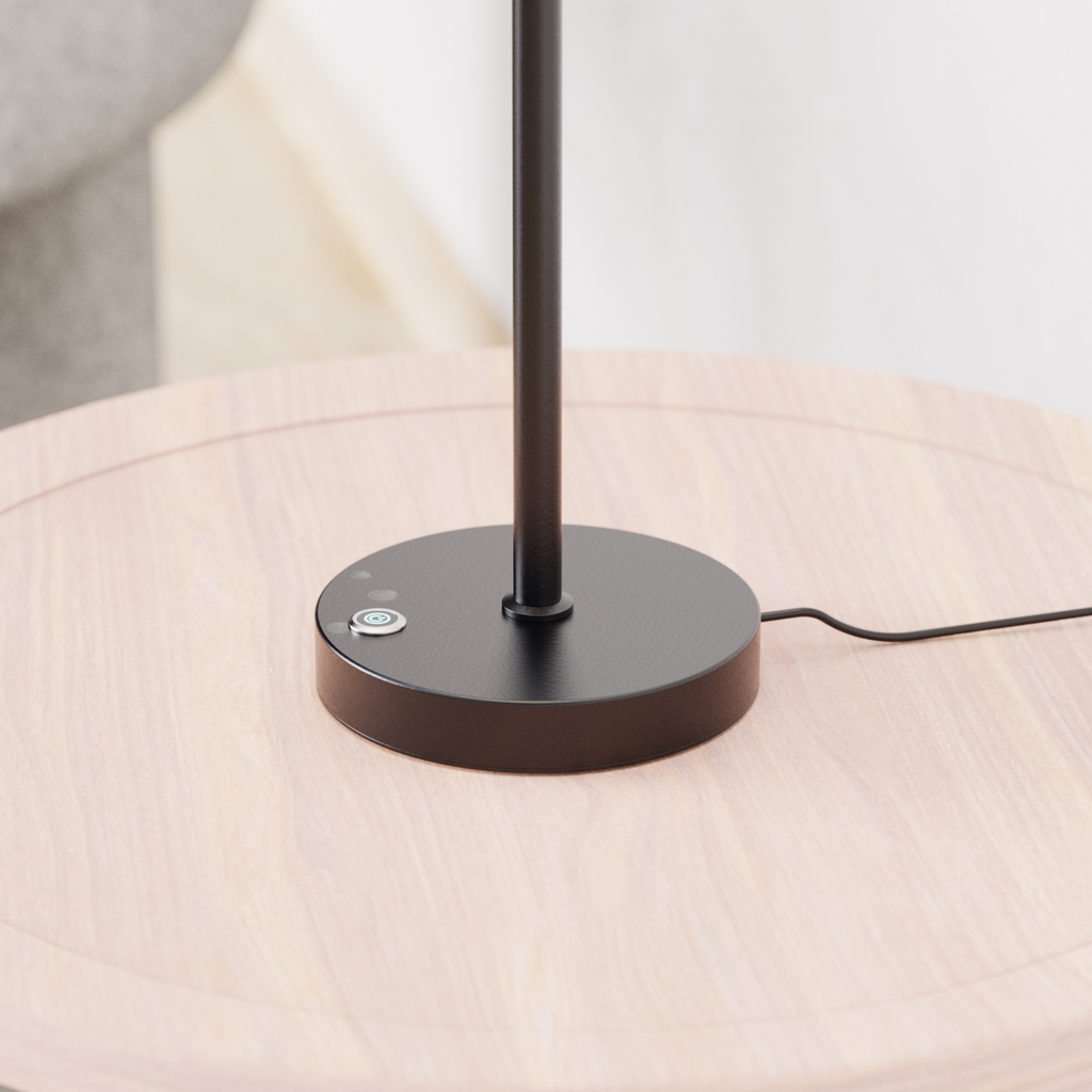 Modern Black and Wood-Look LED Table Lamp — base and touch control detail