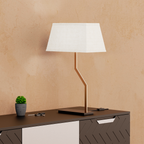 Angled Brass-Look Table Lamp with Textured Shade — in a room setting