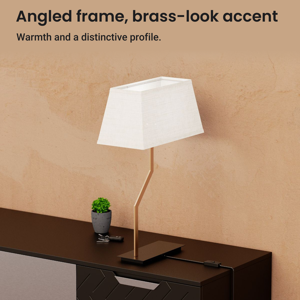 Angled Brass-Look Table Lamp with Textured Shade — design and features