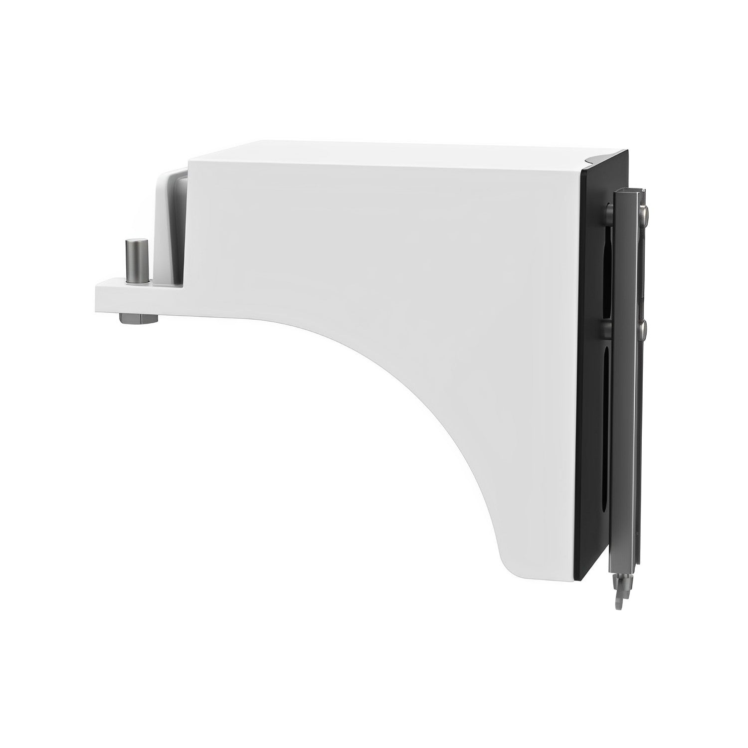 A white mounting bracket for LED area lights, featuring adjustable components and a metallic structure.
