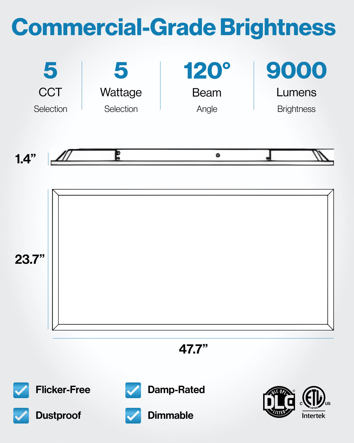 LED Ceiling Panel Light with Battery Backup, 72W/60W/50W/40W/30W, 2x4, 9000 Lumens (Sensor Receptacle)