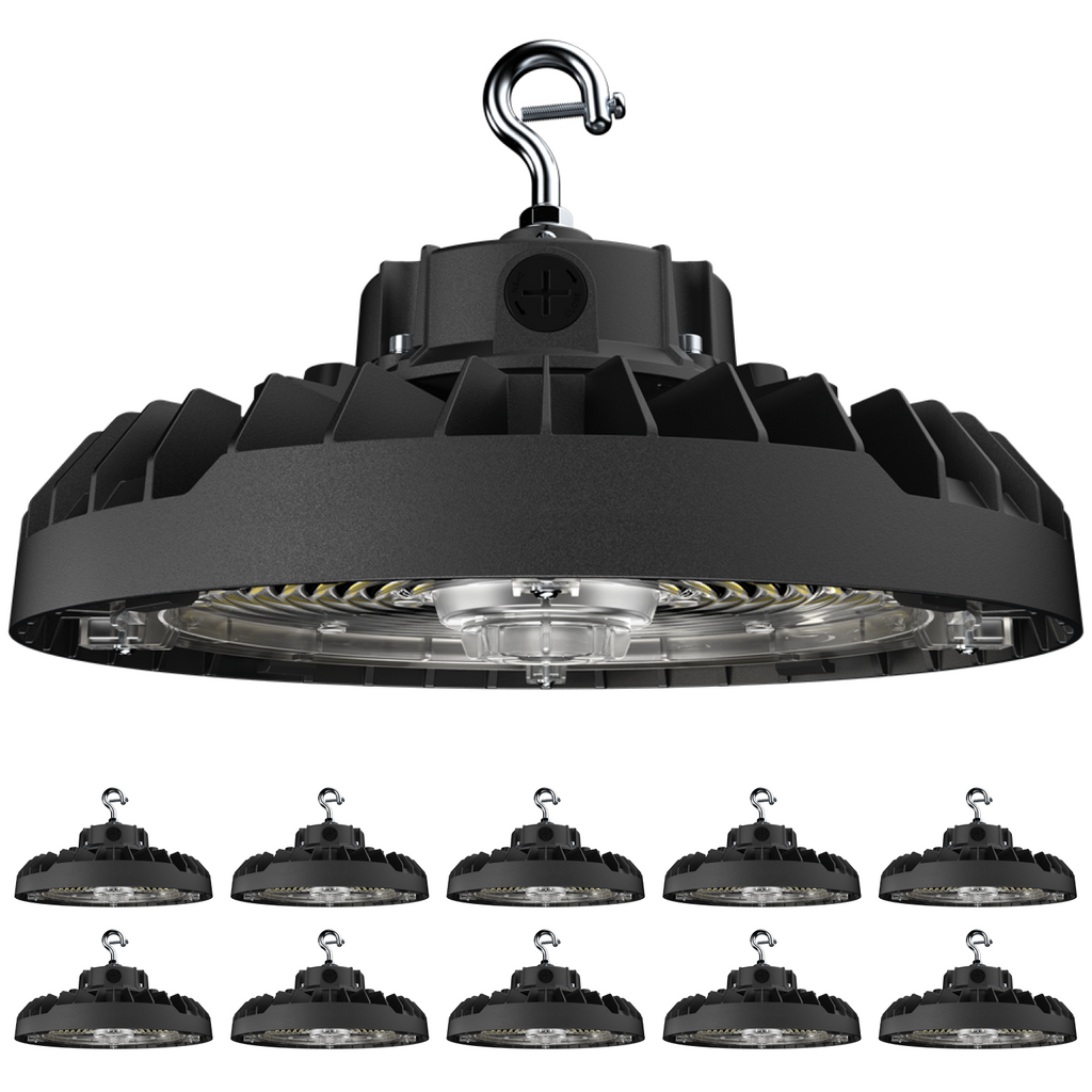 Black industrial pendant light with a hook on a white background