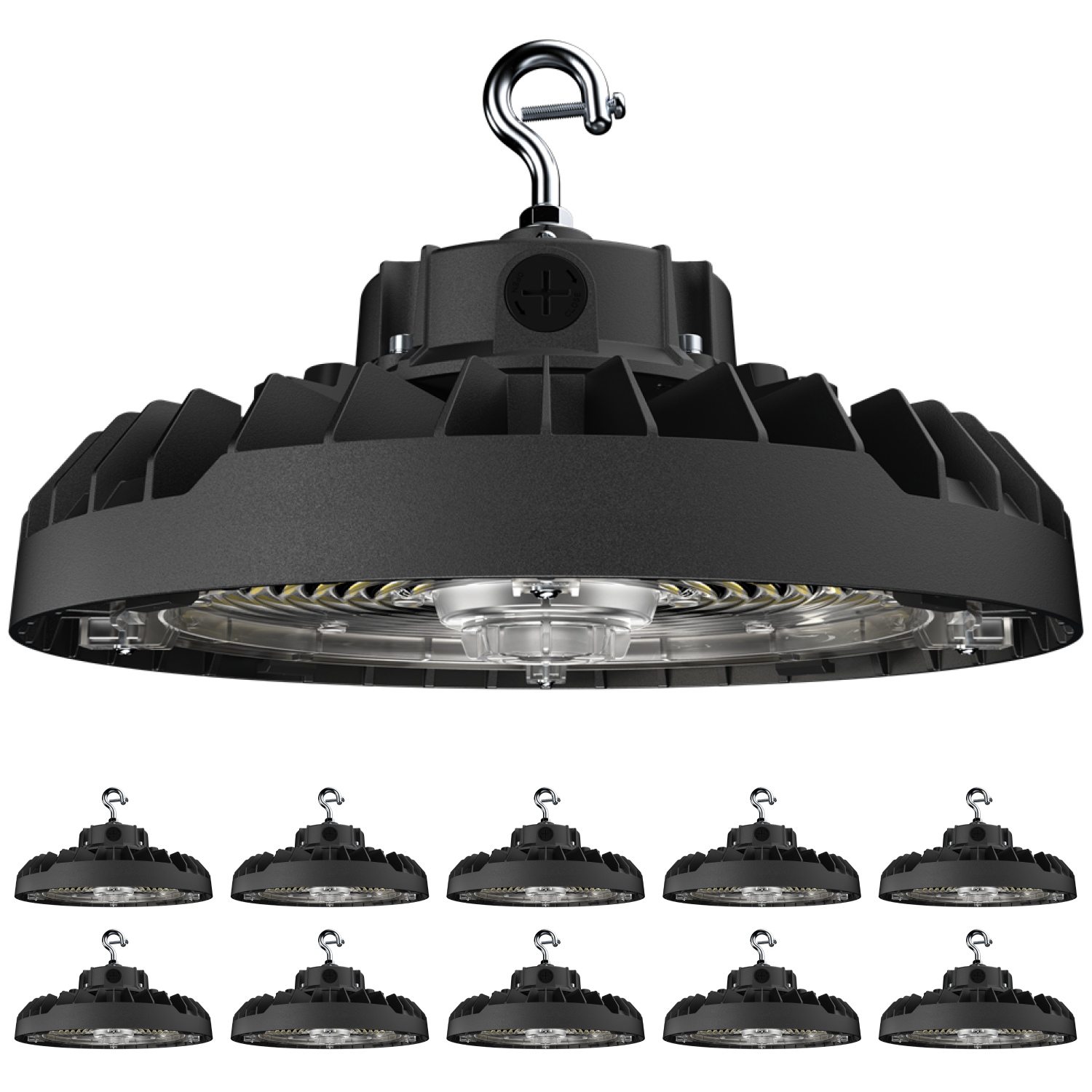 Black industrial pendant light with a hook on a white background