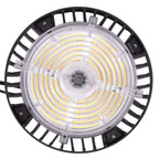 Circular industrial light fixture with black rim and white interior on a white background