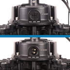 Close-up of a black mechanical component with visible branding on a white background.