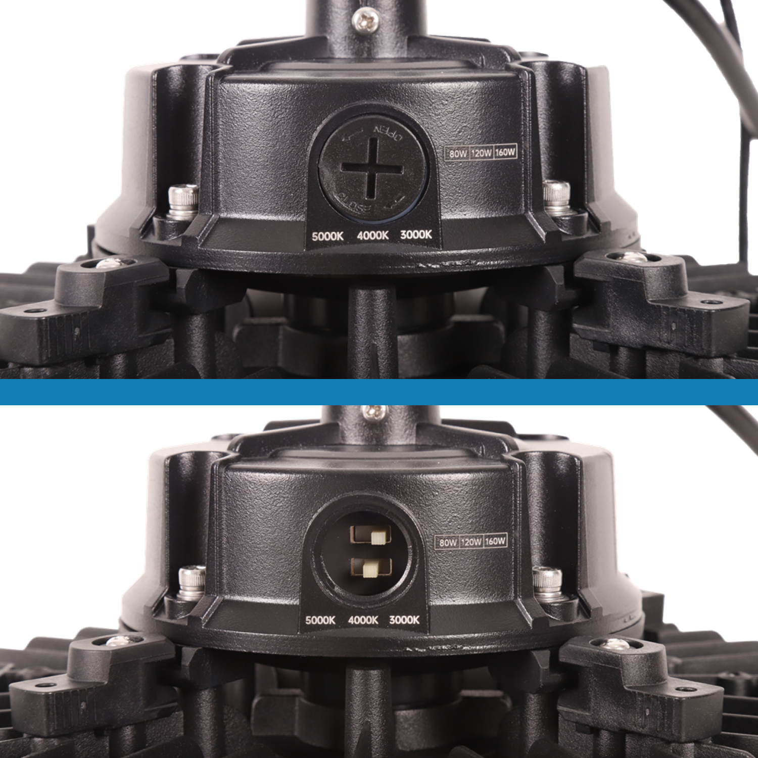 Close-up of a black mechanical component with visible branding on a white background.