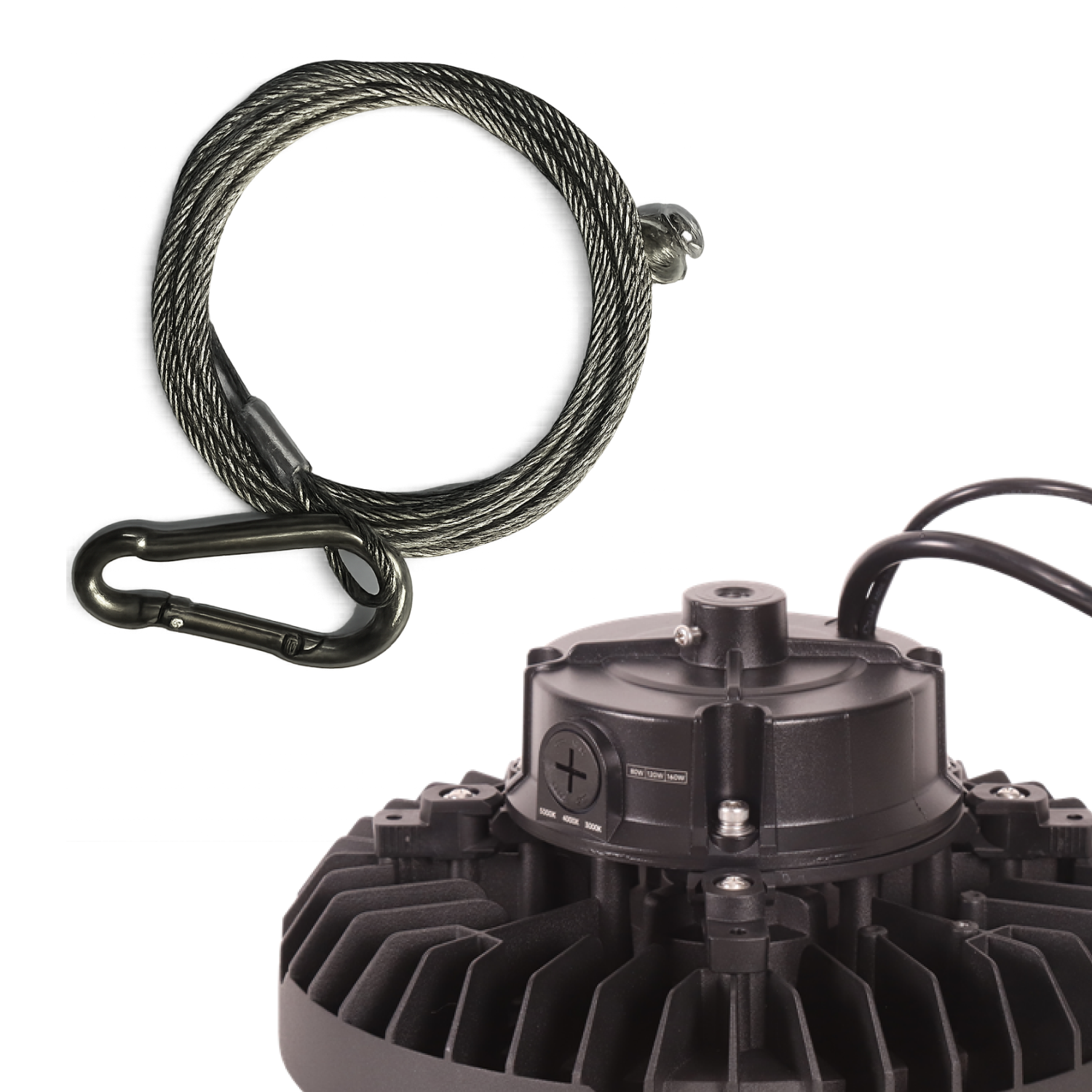 High-intensity discharge (HID) light with cable and carabiner on a white background