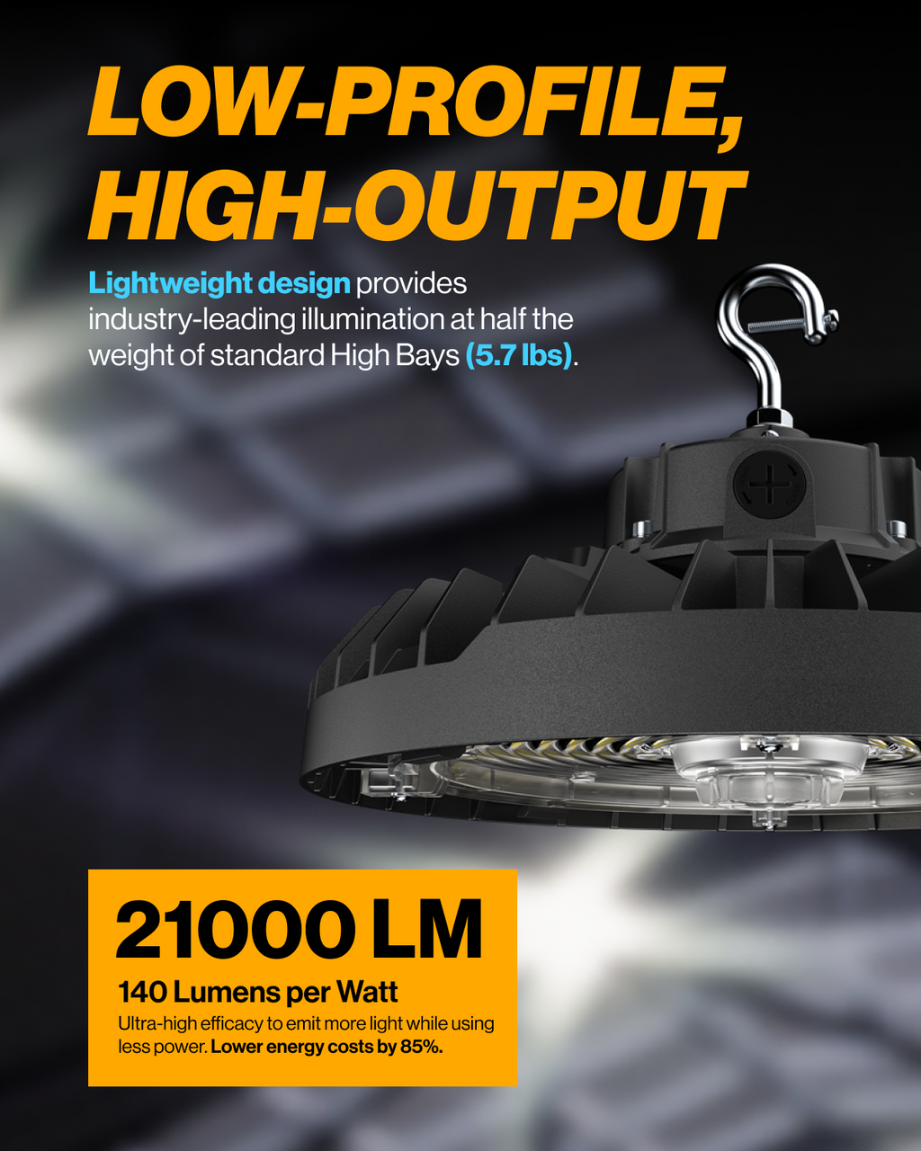 High-output industrial light fixture with text highlighting features on a dark background