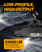 High-output industrial light fixture with text highlighting features on a dark background