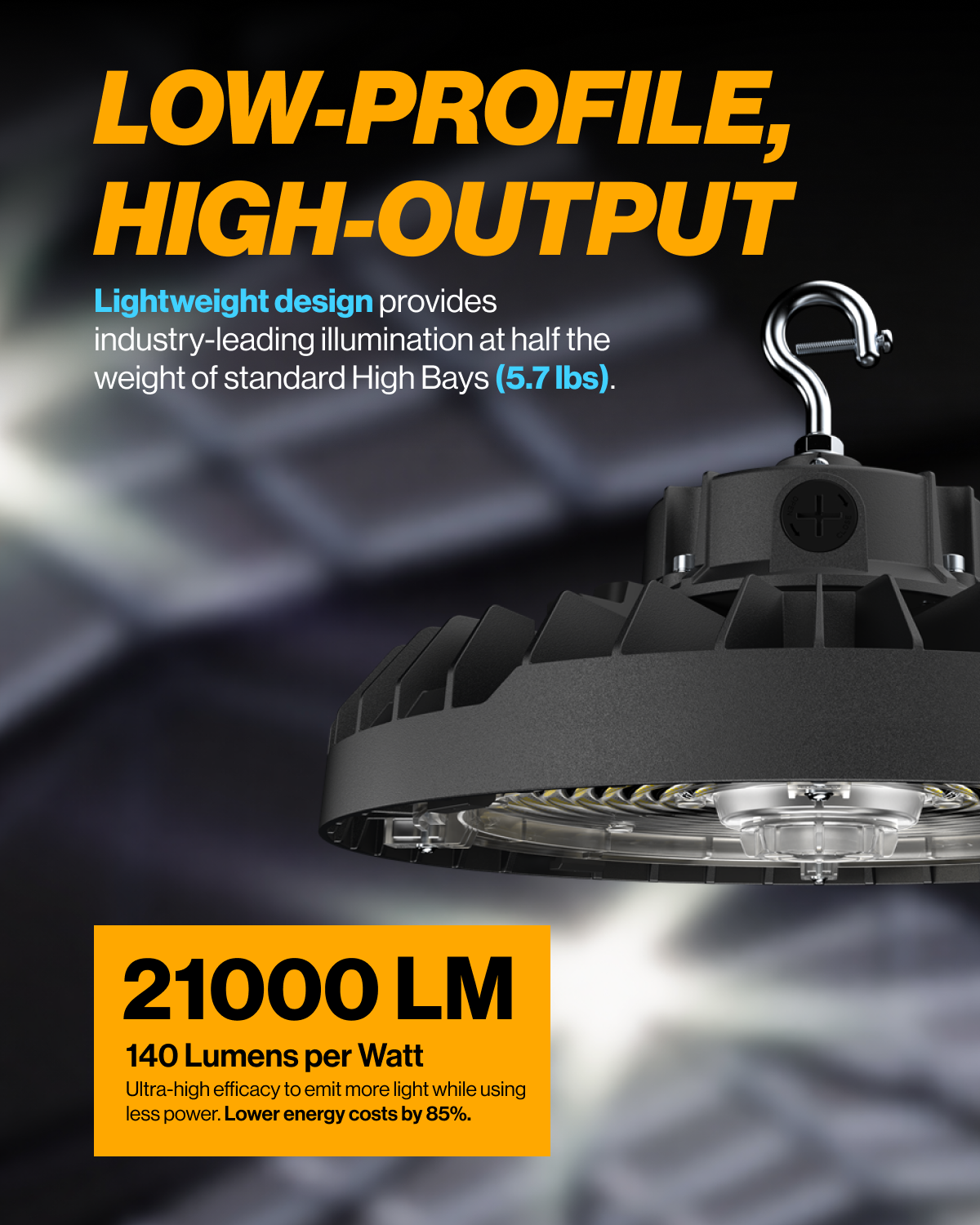 High-output industrial light fixture with text highlighting features on a dark background