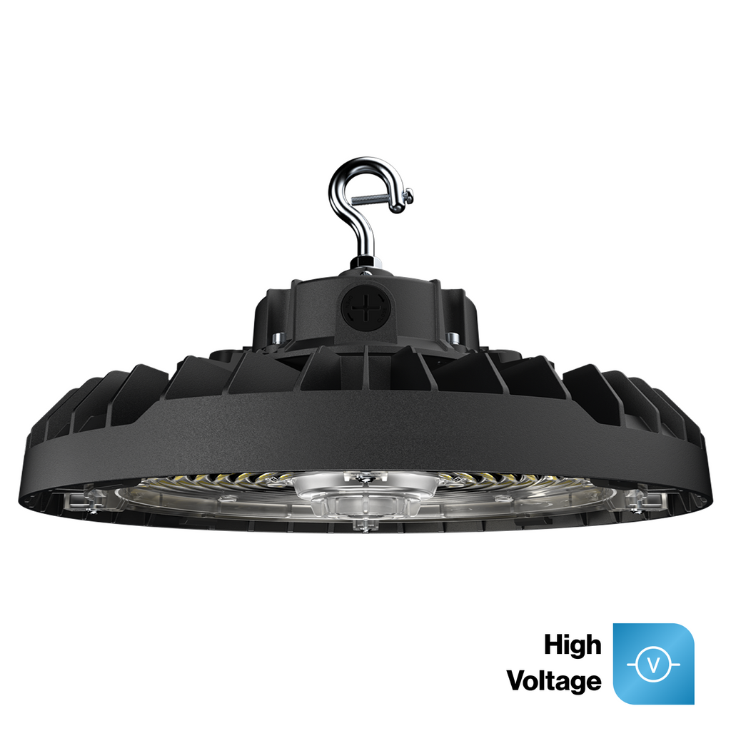 Black industrial pendant light with high voltage symbol on a white background