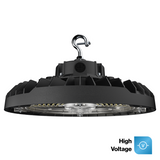 Black industrial pendant light with high voltage symbol on a white background