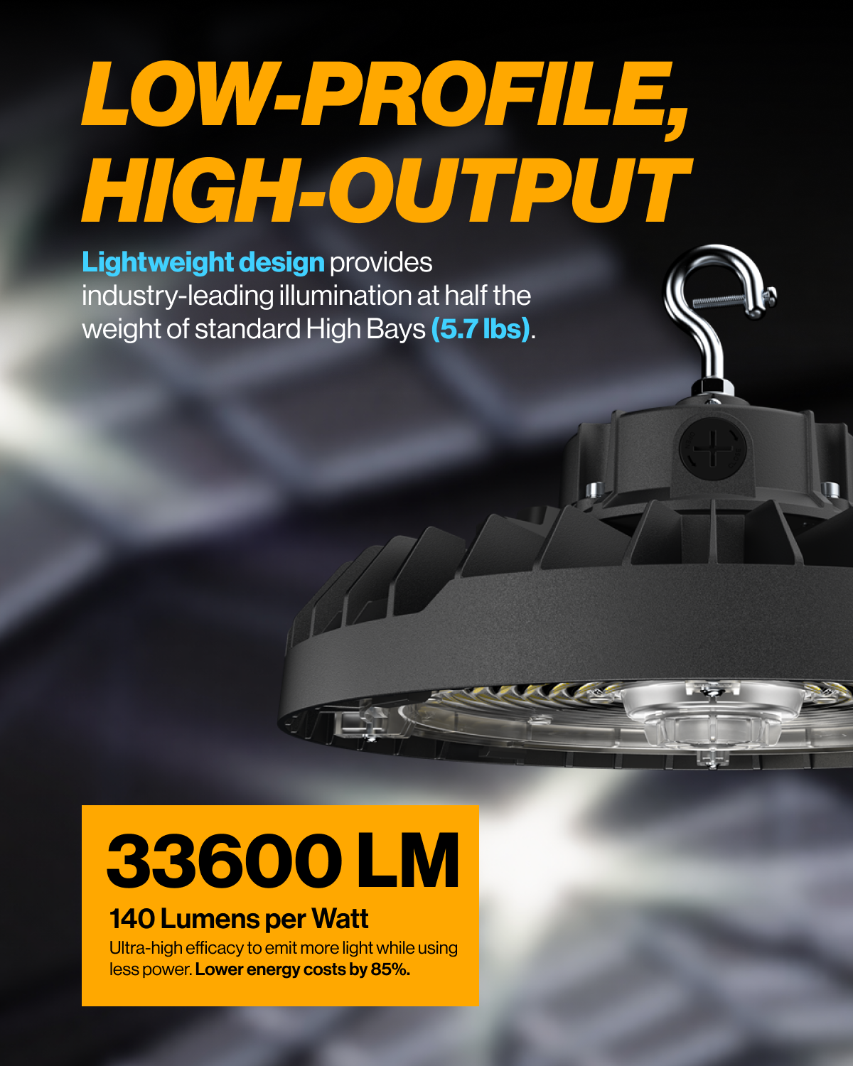 High-output industrial light fixture with text highlighting features on a dark background
