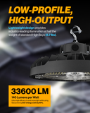 High-output industrial light fixture with text highlighting features on a dark background