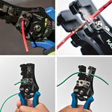 The Klein Tools Katapult Solid and Stranded Wire Stripper and Cutter has a built-in cutting hole to cleanly cut 8-20 AWG solid and 10-22 AWG stranded wire while the stripping head allows you to easily grip and strip just by squeezing the handle.