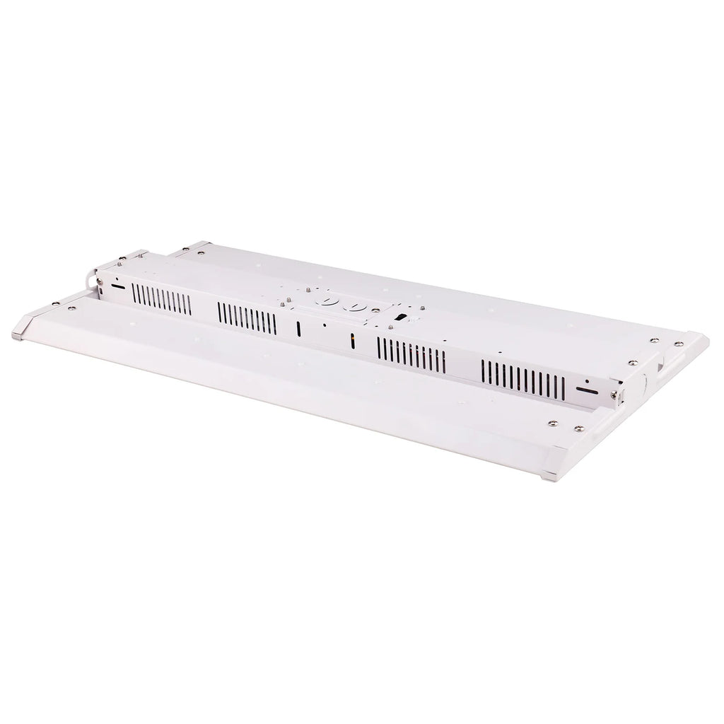top angled view of a LED Linear high bay fixture in a white background