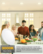 Warm-lit kitchen dinner scene with friends around the island; “3000K Warm White” callout for balanced, comfortable everyday lighting.