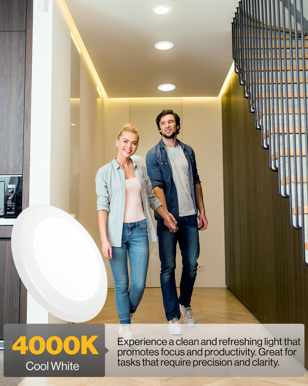 Couple walking through a crisp, well-lit hallway; “4000K Cool White” label for clean, task-friendly light.