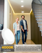Couple walking through a crisp, well-lit hallway; “4000K Cool White” label for clean, task-friendly light.