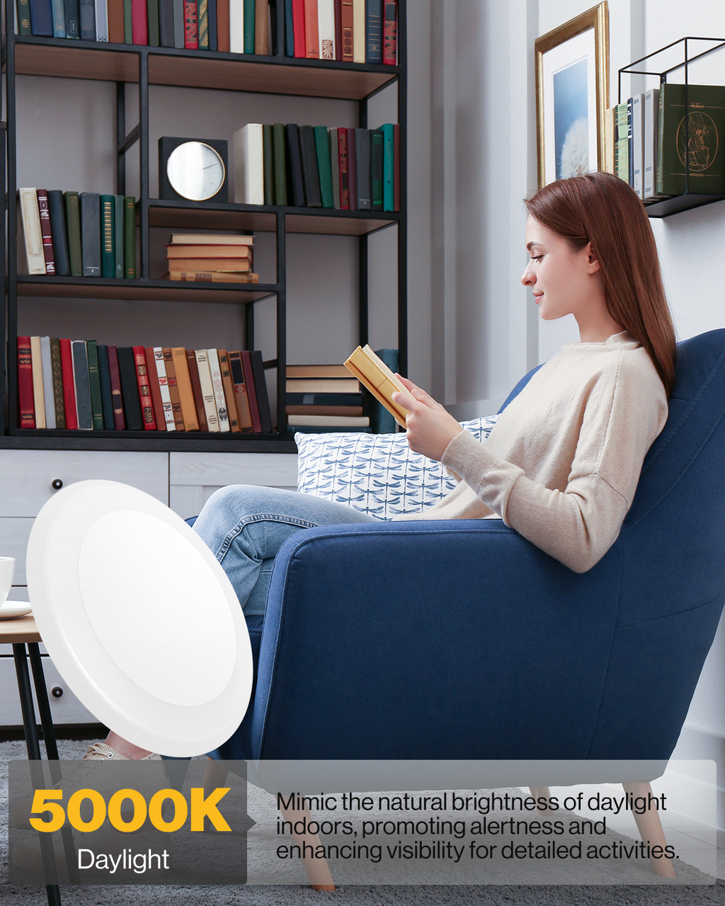 Woman reading beside bookshelves in a calm lounge chair; “5000K Daylight” tag for bright, natural-looking light.