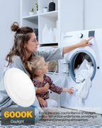 Mom and child by a front-load washer in crisp lighting; “6000K Daylight” callout for extra-bright, energizing white.
