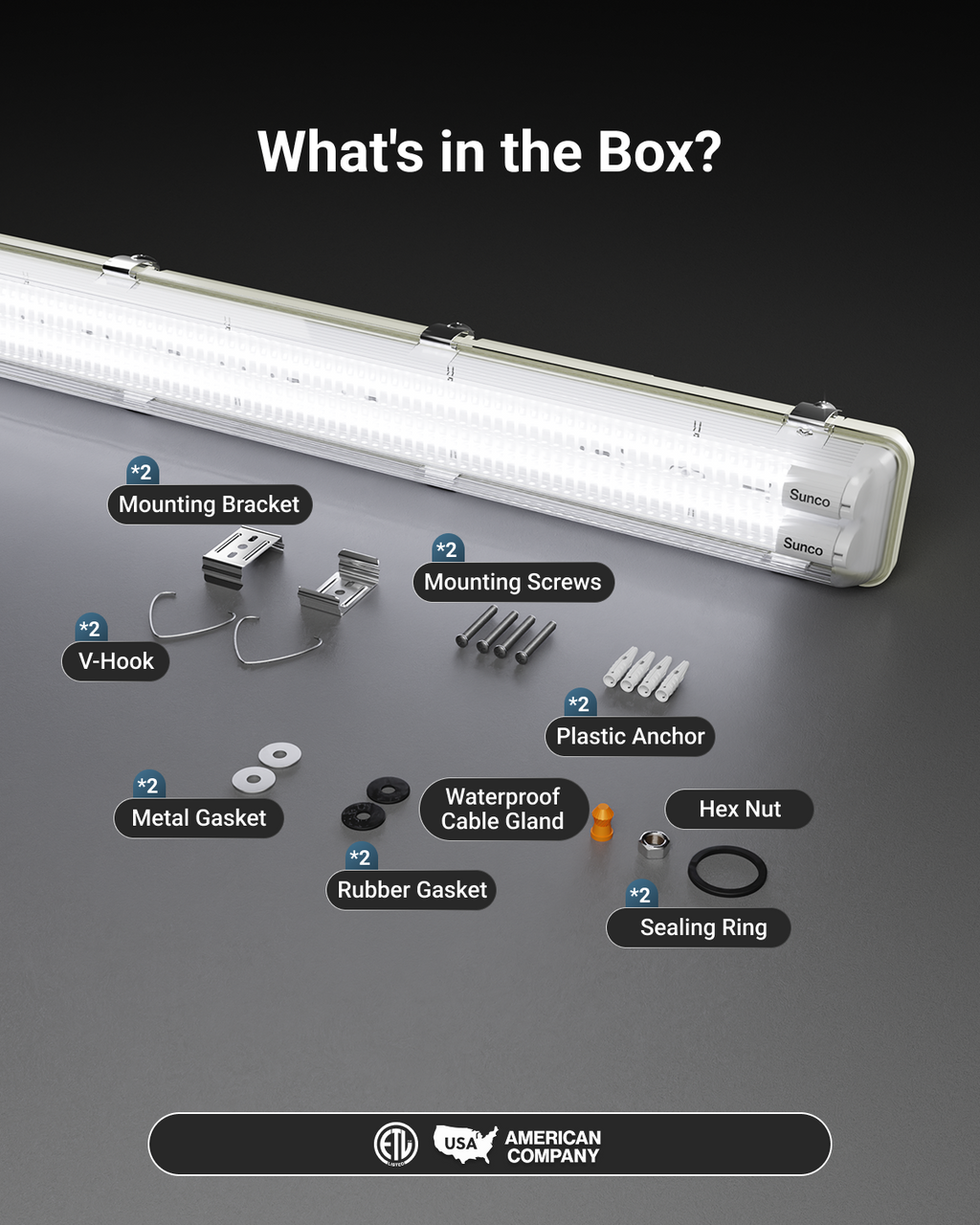 Comes with surface mount kit, V-hooks, and waterproof joint.