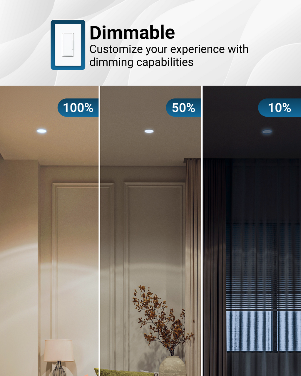 Customize your residential experience with seamless dimming capabilities (10%-100%) to fit any mood or decor.