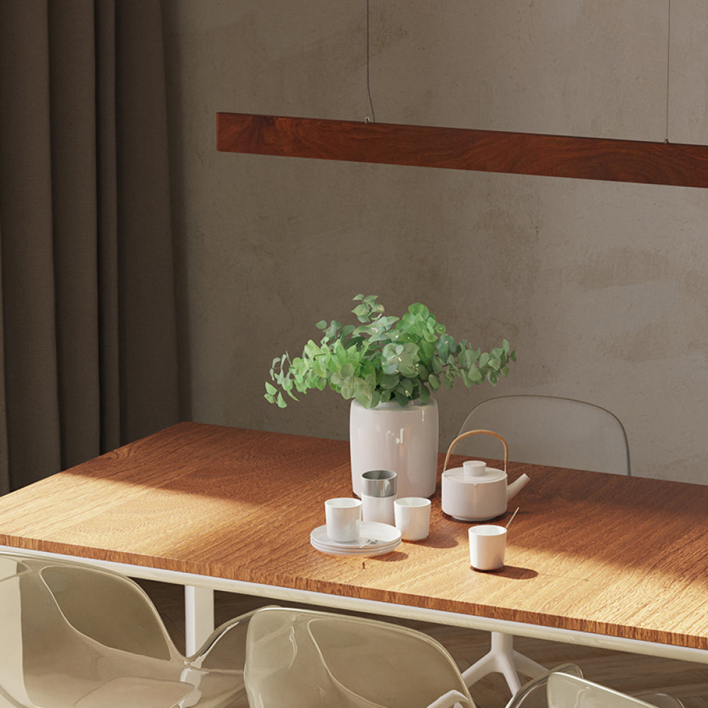 Walnut long linear pendant over table, alternate application