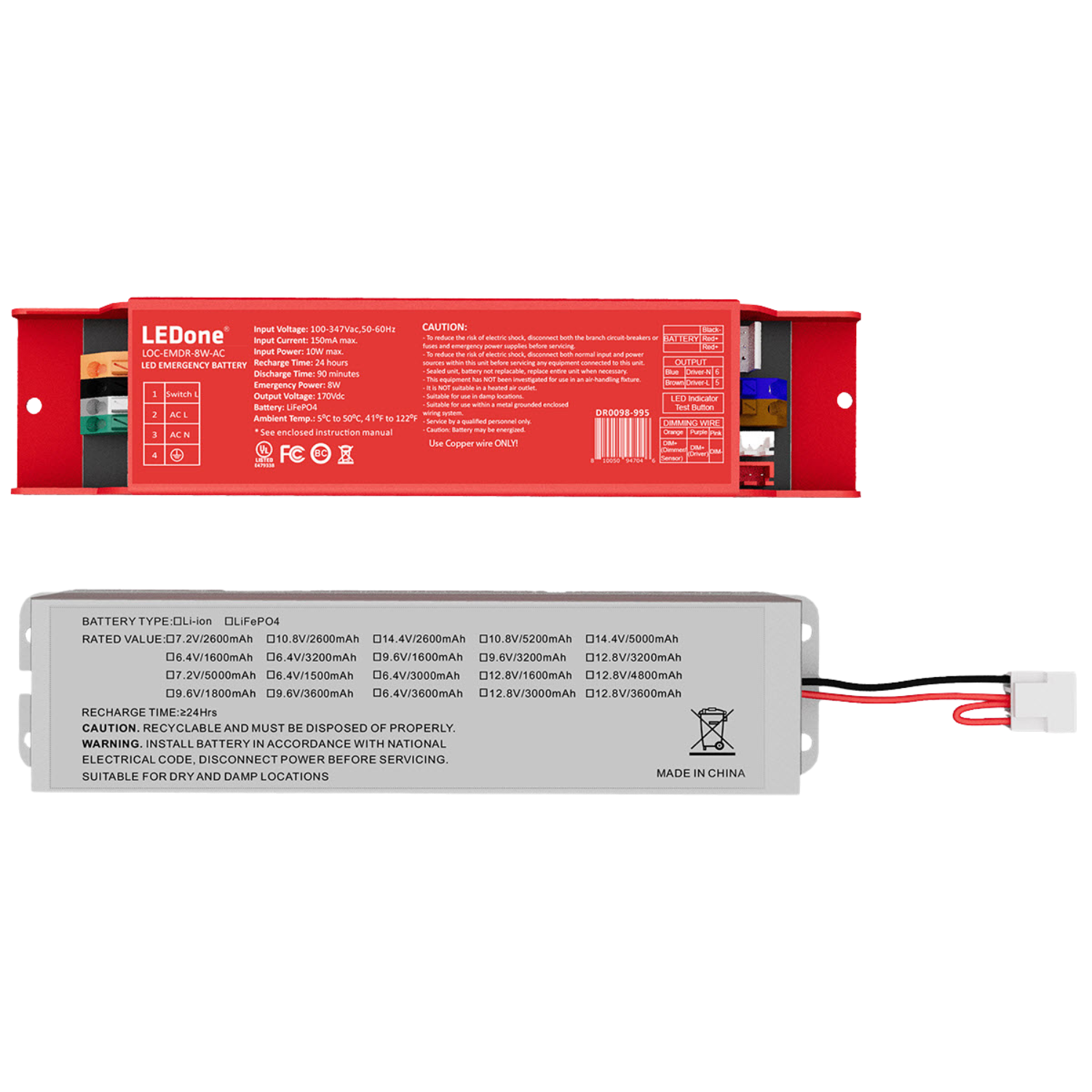 Emergency Battery, 8W/90 Min, 170 VDC Output, LED Vapor Tight Fixtures