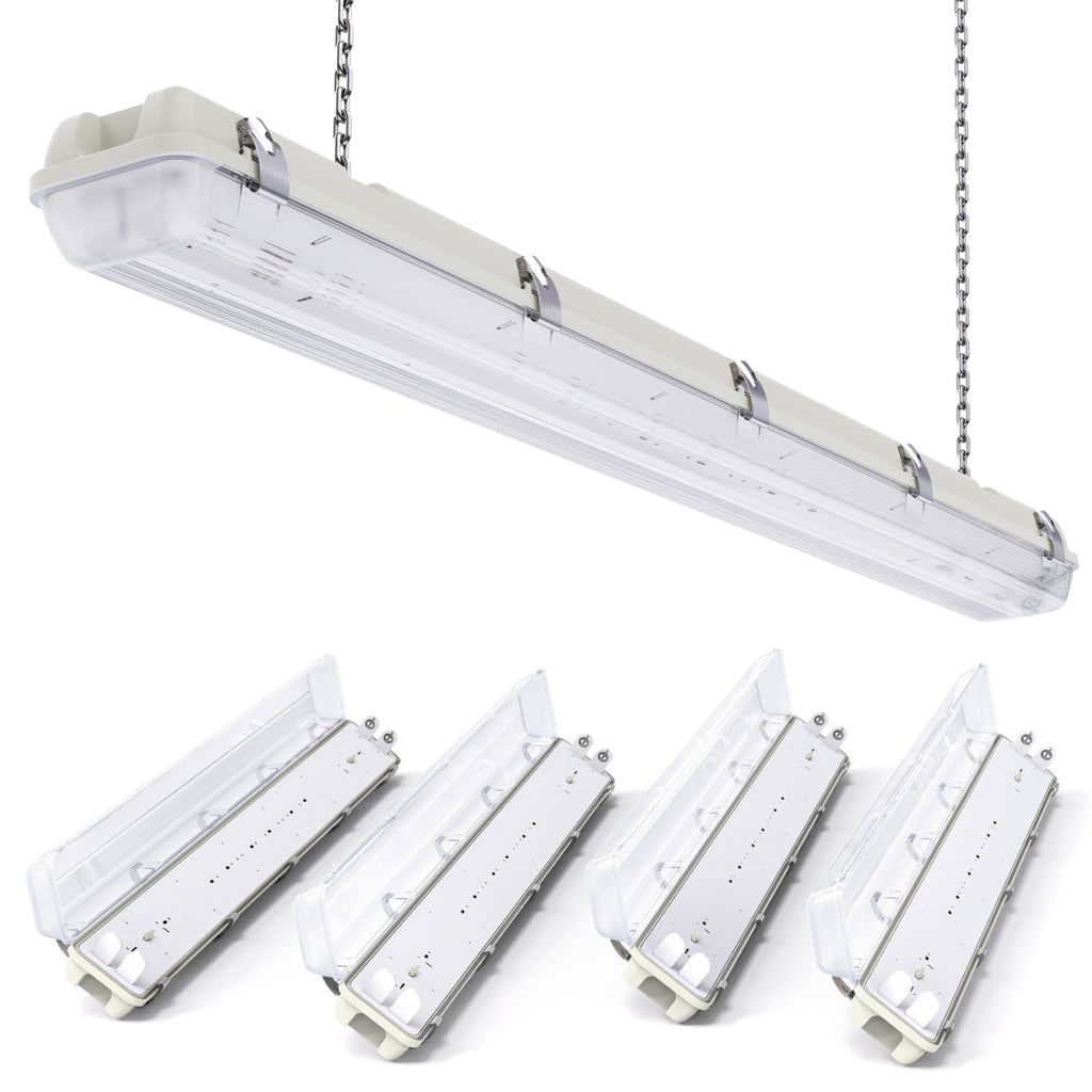 A 4ft T8 LED vapor tight fixture, with a double-lamp, non-shunted, single-ended design, presented in a clear and bright image, suitable for indoor and outdoor use.