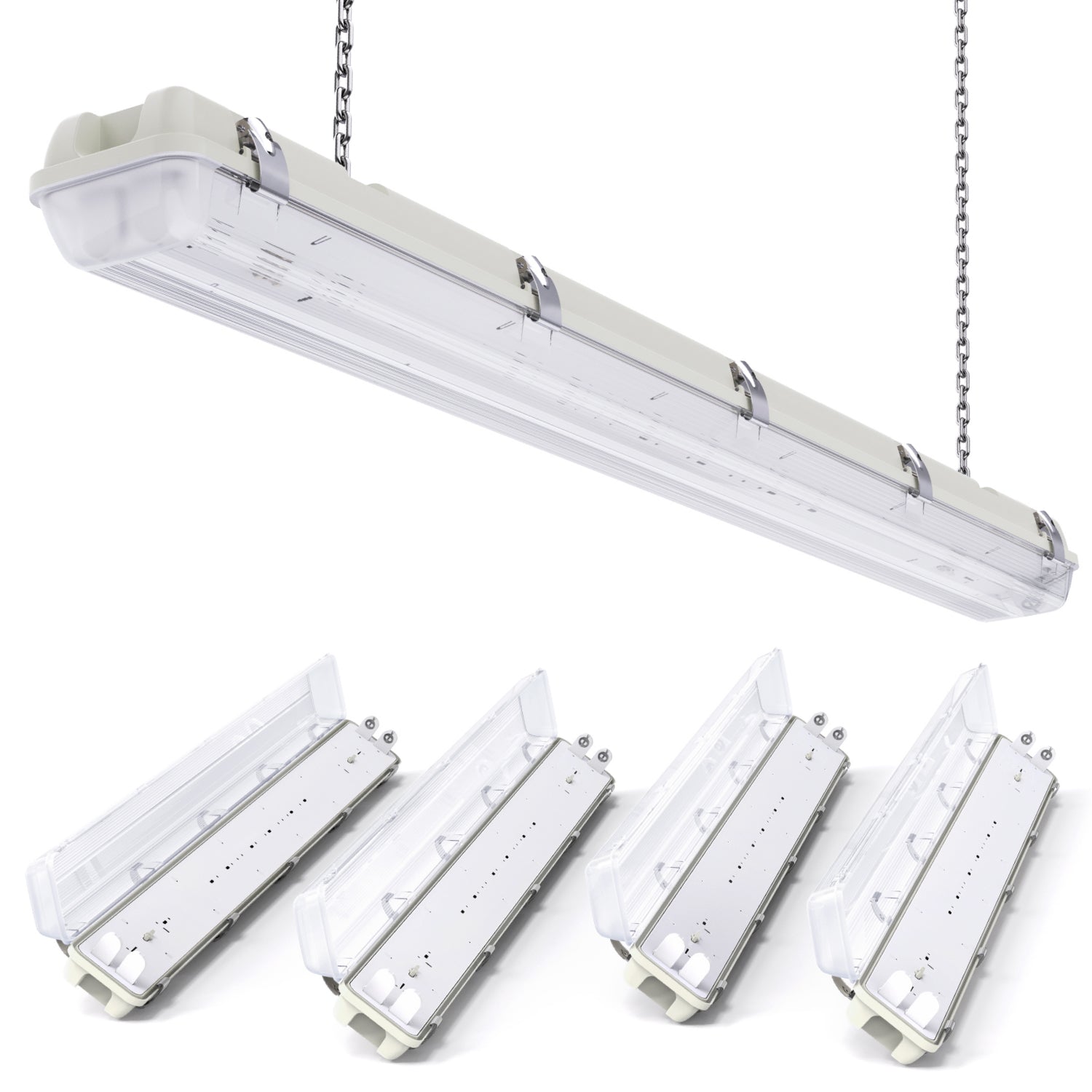 A 4ft T8 LED vapor tight fixture, with a double-lamp, non-shunted, single-ended design, presented in a clear and bright image, suitable for indoor and outdoor use.