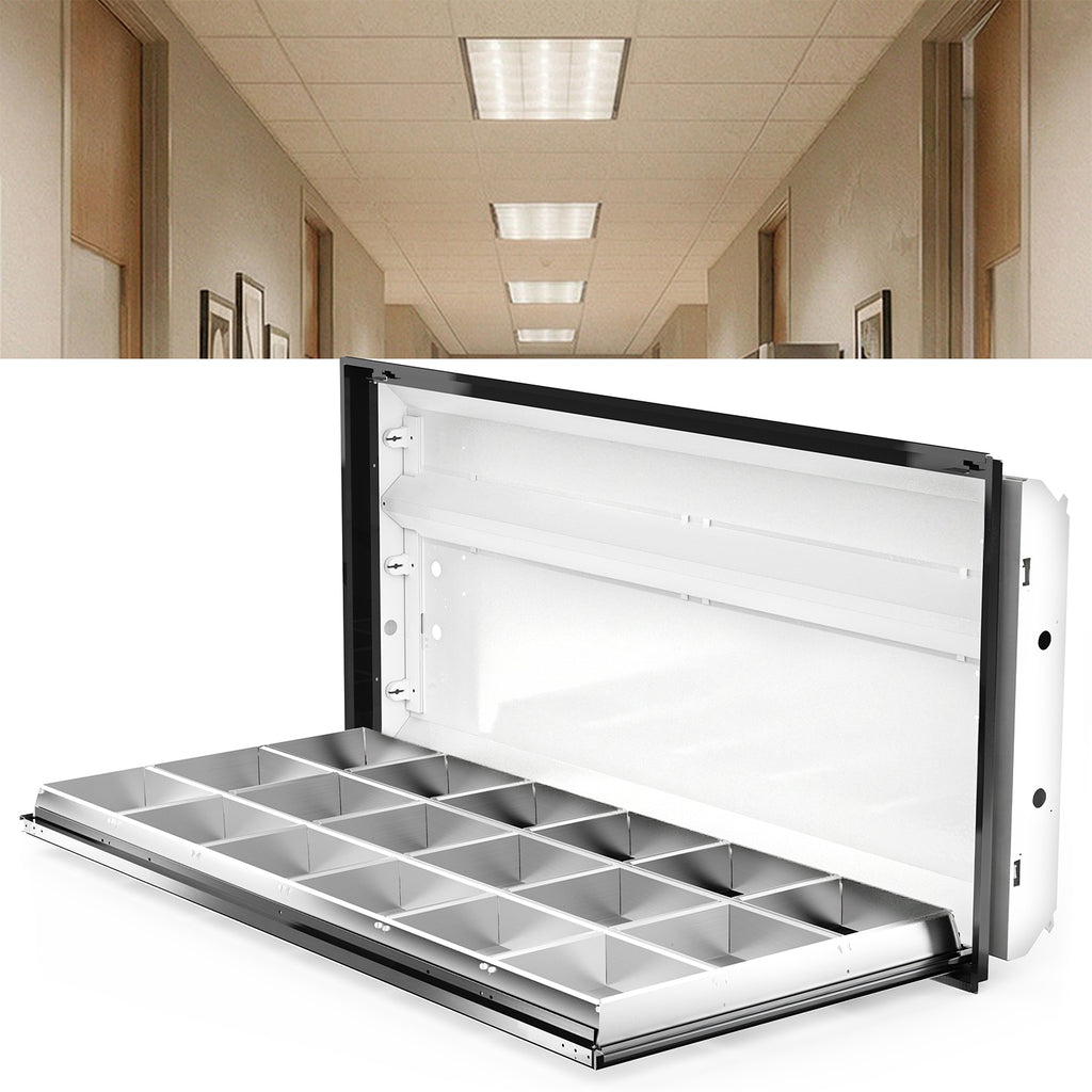 Open 2x4 troffer with parabolic louver hinged down, shown in front of a hallway with ceiling troffers