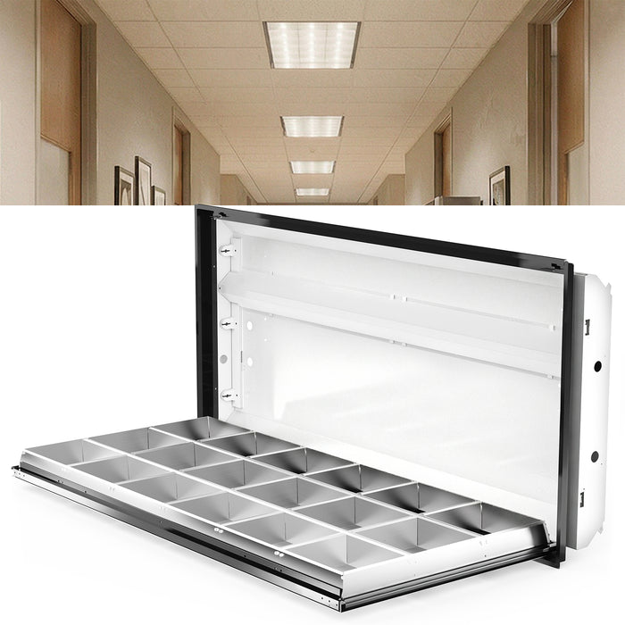 Open 2x4 troffer with parabolic louver hinged down, shown in front of a hallway with ceiling troffers