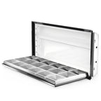 Open parabolic troffer housing. 2x4 troffer with parabolic louver hinged down, white housing and black frame up and open on white background